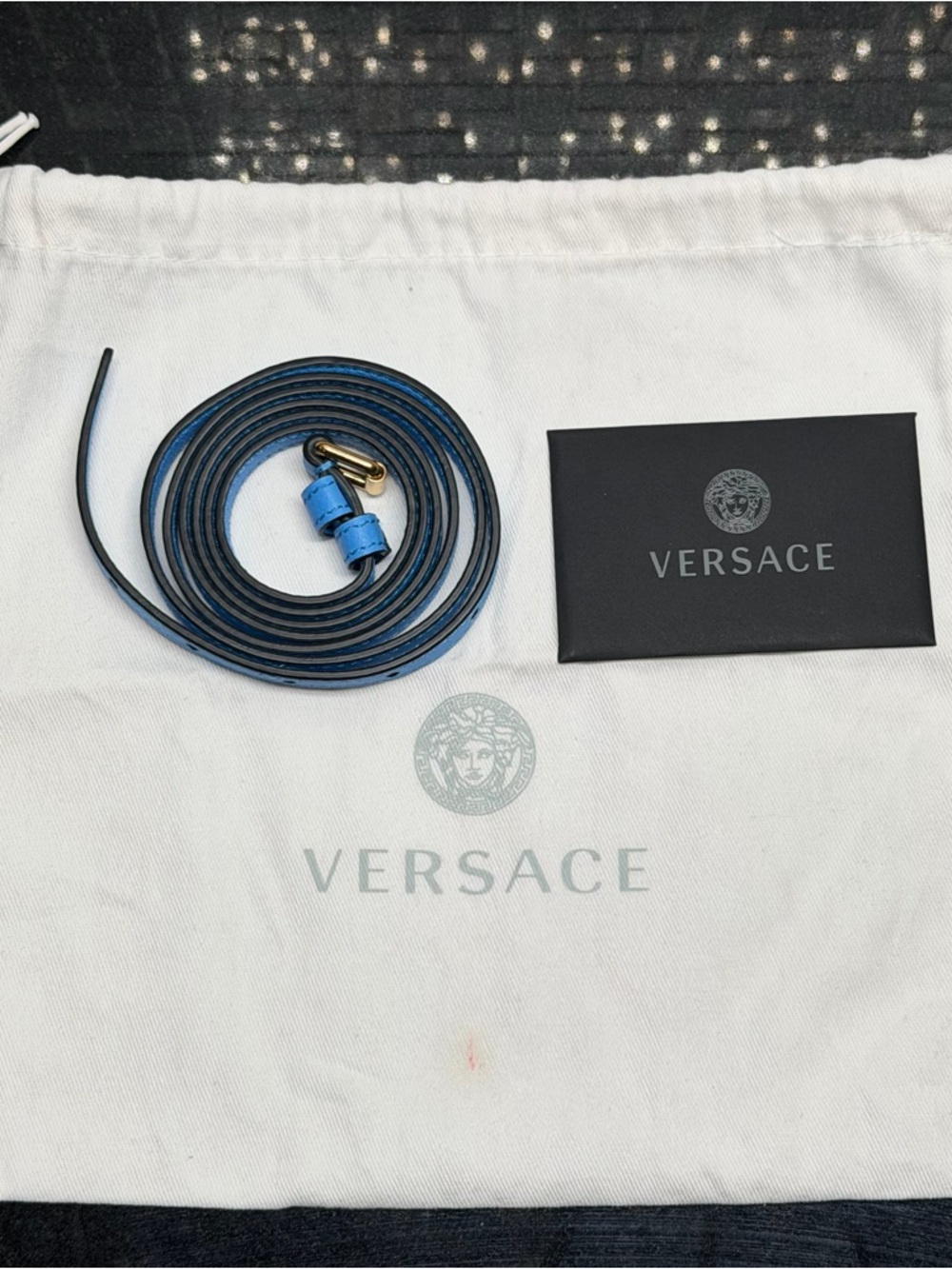 Versace La Medusa Leather Phone Crossbody Bag Blue Chain Strap Card Holder Italy - Picture 15 of 16